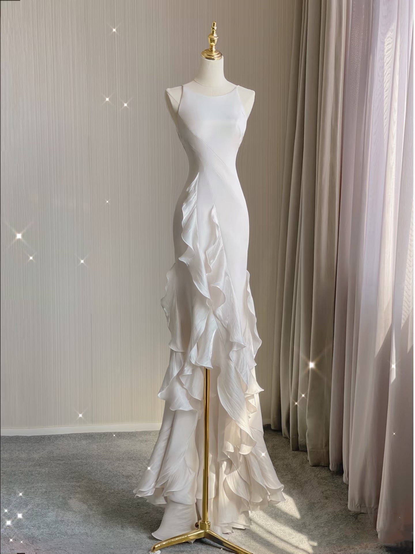 Mermaid Scoop Satin Night Party Dress White Long Prom Dresses SD1524
