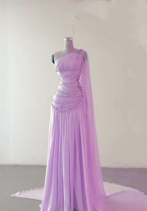 Sheath One Shoulder Pink Long Chiffon Evening Gown Prom Dresses SD2314