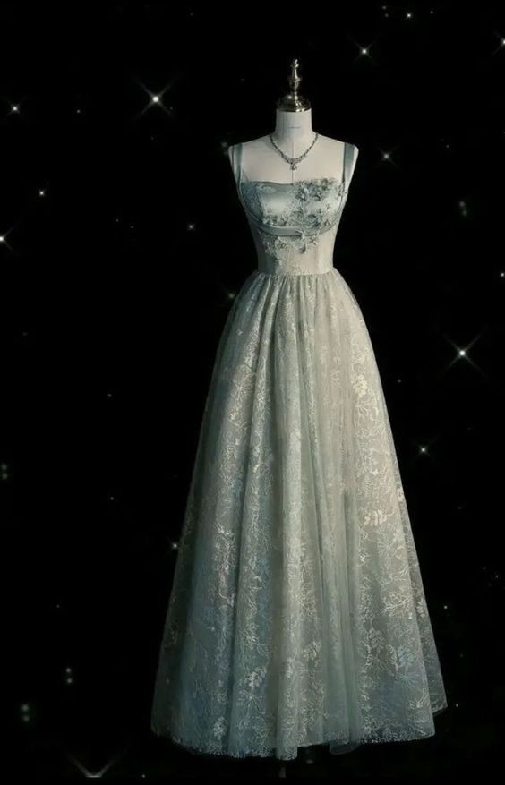 A line Straps Sage Green Long Tulle Prom Dress SD1490