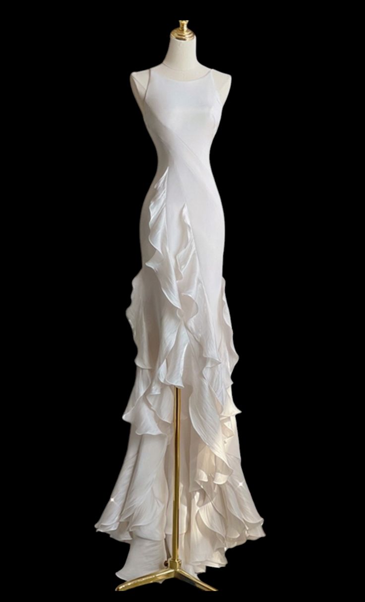 Mermaid Scoop Satin Night Party Dress White Long Prom Dresses SD1524