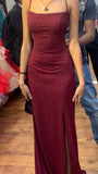 Sheath Spaghetti Straps Burgundy Slit Long Evening Dress Prom Dresses SD1731