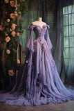Ball Gown Off The Shoulder Lilac Tulle Flowers Evening Dress Prom Dresses SD1739