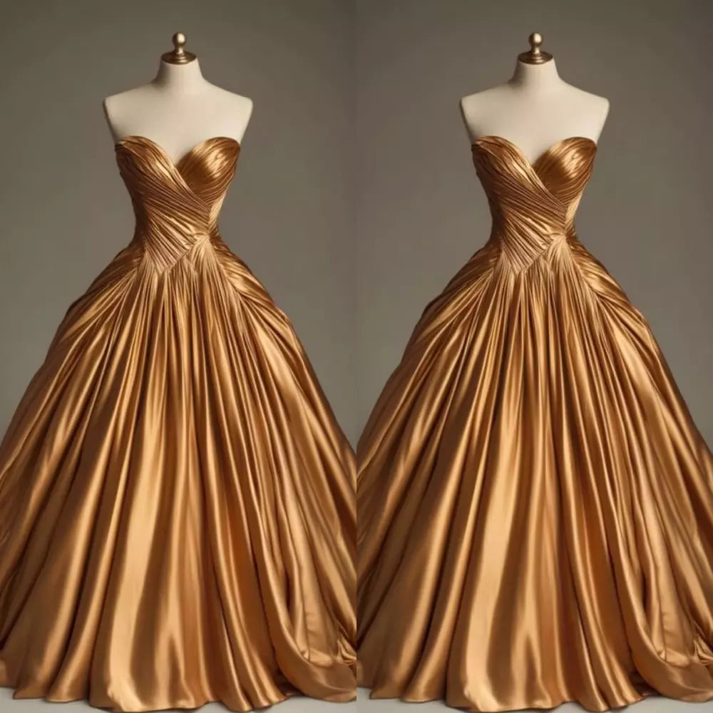 Ball Gown Sweetheart Satin Gold Party Dress Prom Dresses Evening Dress SD1769