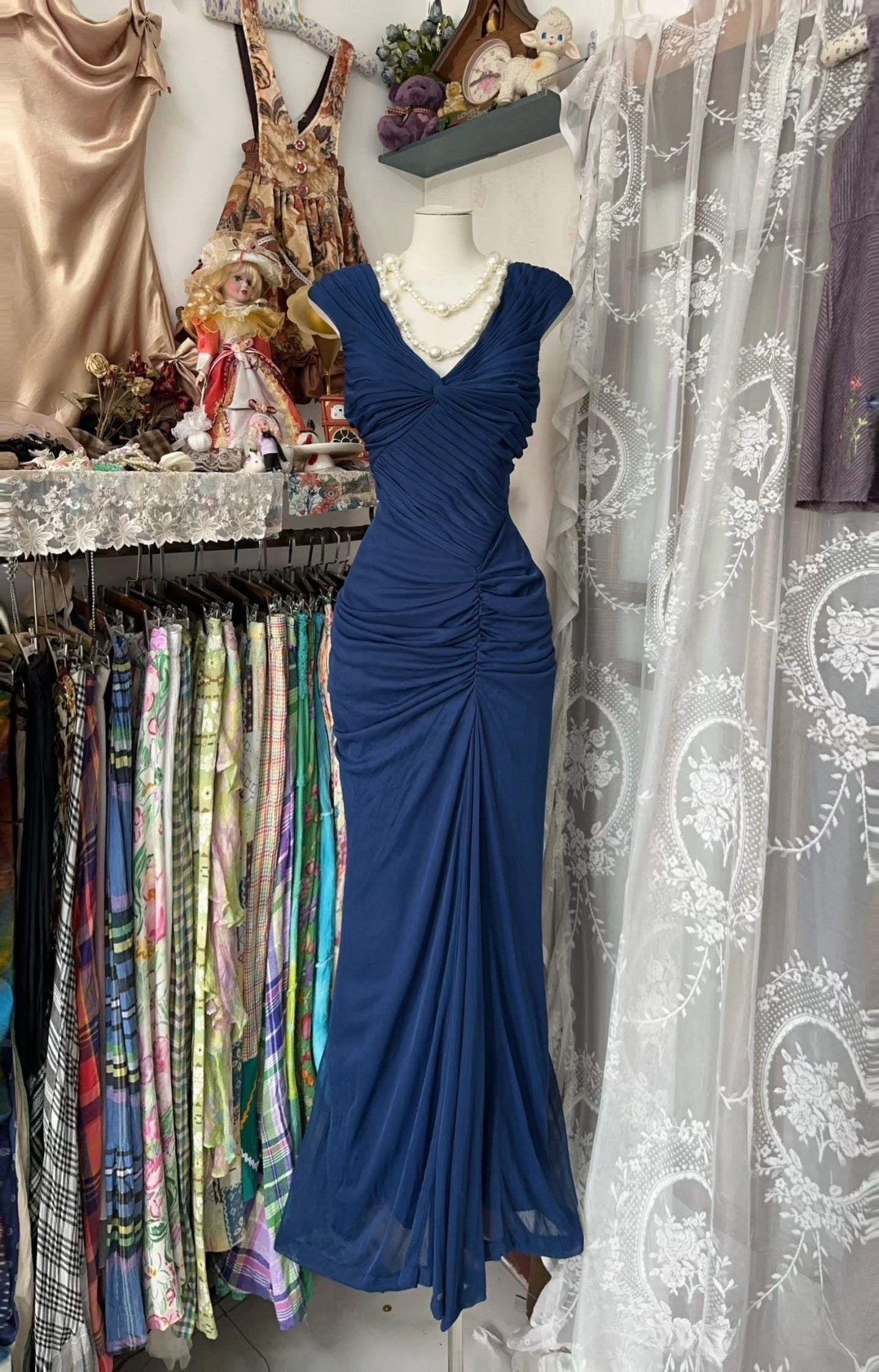 Fashion Mermaid V Neckline Navy Blue Floor Length Evening Dress Prom Dresses SD1881