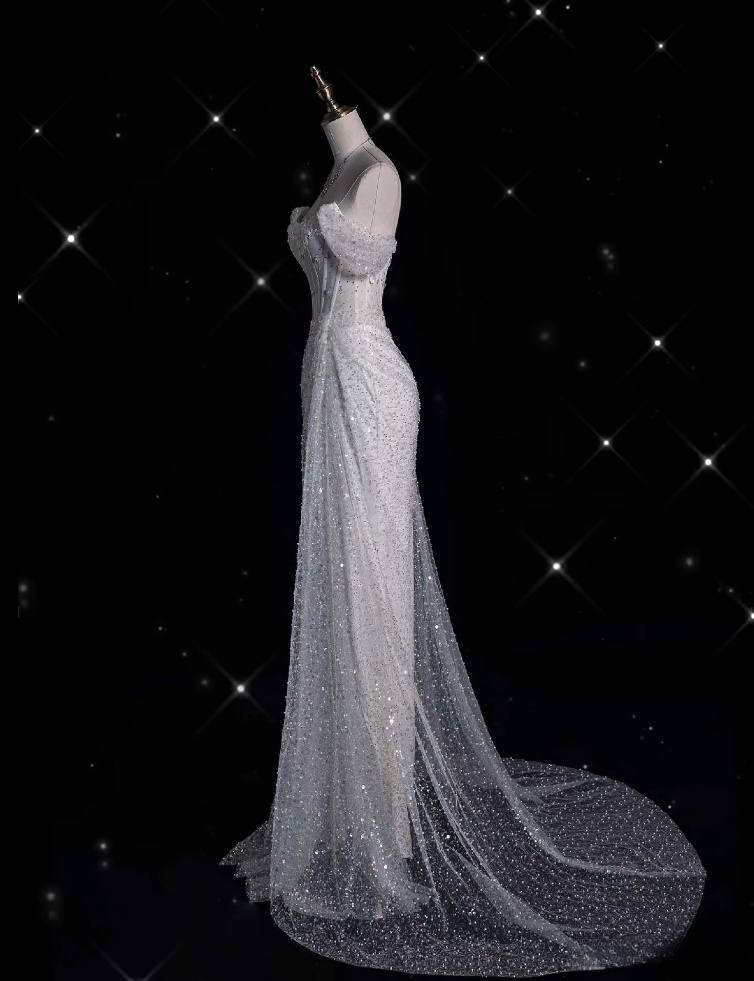 Mermaid Off The Shoulder Sequin Short Sleeves White Wedding Dresses Brides Dress SD1930