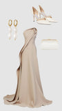 Mermaid One Shoulder Champagne Long Satin Party Dresses Prom Dress SD2025