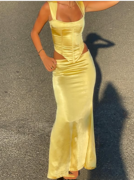 Sheath Square Neckline 2 Pieces Floor-length Satin Long Yellow Evening Dress Prom Dresses SD2052