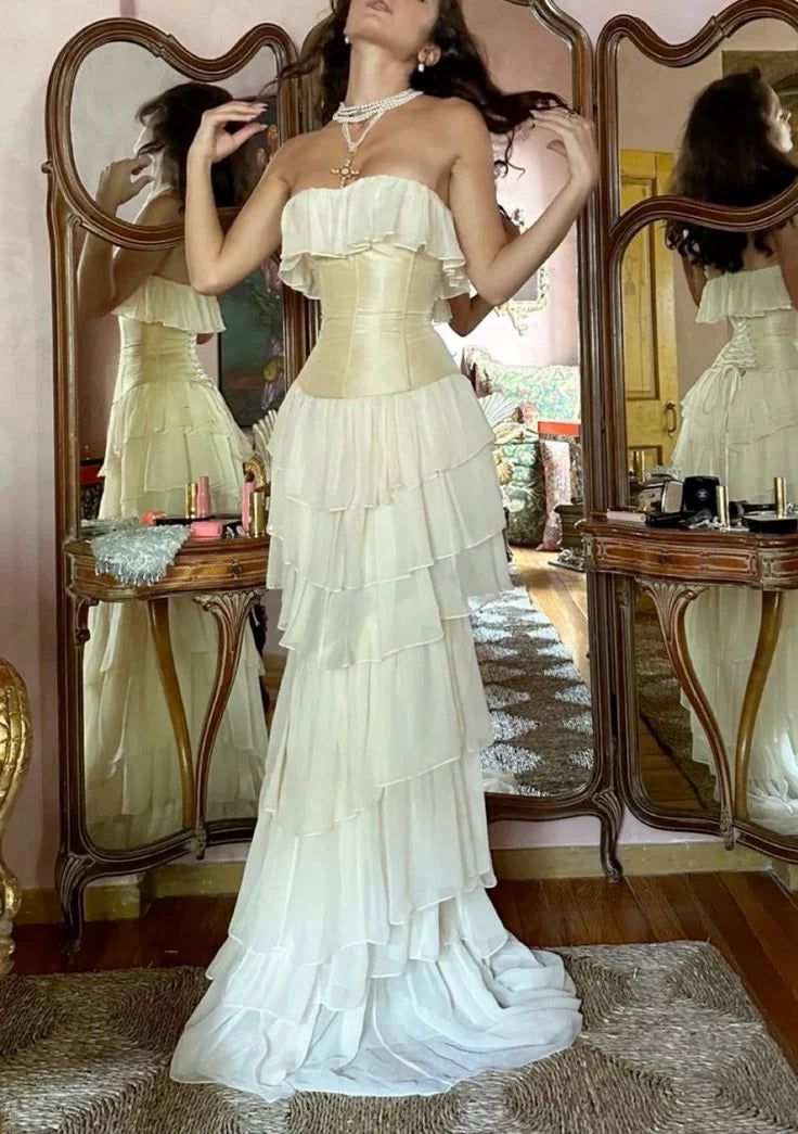 A-Line Strapless Chiffon Long Prom Dresses Formal Evening Dress SD2205