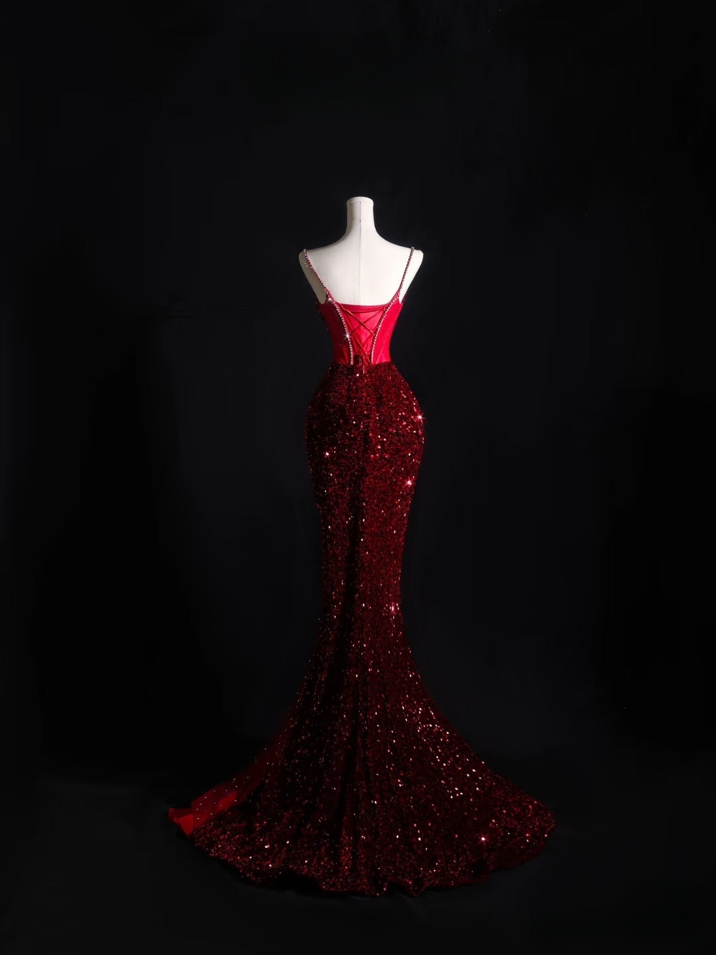 Mermaid Spaghetti Straps Sequin Beads Burgundy Long Prom Dresses Formal Evening Dress SD2337