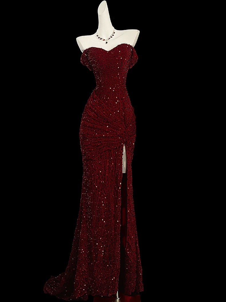 Mermaid Sweetheart Red Slit Sequin Long Evening Gowns Prom Dress SD2766