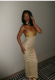 Mermaid Strapless Long Yellow Sequin Satin Party Dresses Prom Dresses SD2042