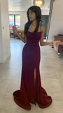 Sheath Spaghetti Straps Burgundy Slit Long Evening Dress Prom Dresses SD1731