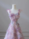 line 3D Floral lace skirt tulle bodice floor-length prom dresses SD1543