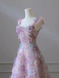line 3D Floral lace skirt tulle bodice floor-length prom dresses SD1543