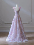 line 3D Floral lace skirt tulle bodice floor-length prom dresses SD1543