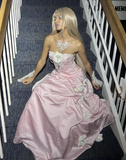 Ball Gown Strapless Pink Long Satin Prom Dresses Formal Evening Dress SD2394
