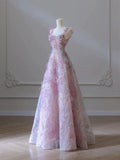 line 3D Floral lace skirt tulle bodice floor-length prom dresses SD1543