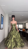 Ball Gown Strapless Green Ruffles Satin Long Party Dress Prom Dresses SD1388
