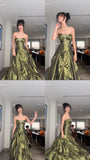 Ball Gown Strapless Green Ruffles Satin Long Party Dress Prom Dresses SD1388