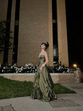 Ball Gown Strapless Green Ruffles Satin Long Party Dress Prom Dresses SD1388