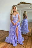 A-Line Off The Shoulder Pink Lace Slit Long Prom Dresses Formal Evening Dress SD1398