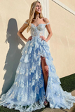 A-Line Off The Shoulder Pink Lace Slit Long Prom Dresses Formal Evening Dress SD1398