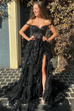 A-Line Off The Shoulder Pink Lace Slit Long Prom Dresses Formal Evening Dress SD1398