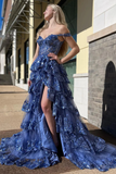 A-Line Off The Shoulder Pink Lace Slit Long Prom Dresses Formal Evening Dress SD1398