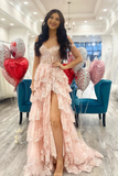 A-Line Off The Shoulder Pink Lace Slit Long Prom Dresses Formal Evening Dress SD1398