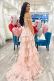 A-Line Off The Shoulder Pink Lace Slit Long Prom Dresses Formal Evening Dress SD1398