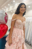 A-Line Off The Shoulder Pink Lace Slit Long Prom Dresses Formal Evening Dress SD1398