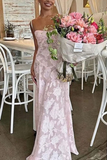 A Line Spaghetti Straps Floral Pink Lace Sleeveless Evening Prom Dresses SD1423