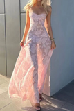 A Line Spaghetti Straps Floral Pink Lace Sleeveless Evening Prom Dresses SD1423