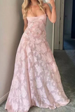 A Line Spaghetti Straps Floral Pink Lace Sleeveless Evening Prom Dresses SD1423