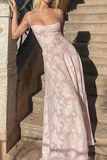A Line Spaghetti Straps Floral Pink Lace Sleeveless Evening Prom Dresses SD1423