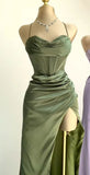 Sheath Spaghetti Straps Red Satin Sleeveless Long Backless Prom Dresses SD1447