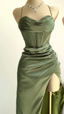 Sheath Spaghetti Straps Red Satin Sleeveless Long Backless Prom Dresses SD1447