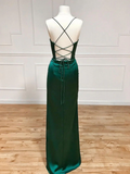 Sheath Spaghetti Straps Red Satin Sleeveless Long Backless Prom Dresses SD1447