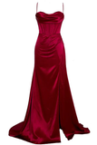 Sheath Spaghetti Straps Red Satin Sleeveless Long Backless Prom Dresses SD1447