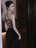 Mermaid Spaghetti Straps Sequin Black Long Prom Dresses SD1526