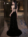 Mermaid Spaghetti Straps Sequin Black Long Prom Dresses SD1526