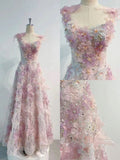 line 3D Floral lace skirt tulle bodice floor-length prom dresses SD1543