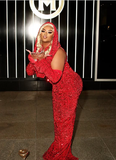 Sheath V Neckline Red Sequin Long Prom Dresses Formal Evening Dress SD1409