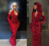 Sheath V Neckline Red Sequin Long Prom Dresses Formal Evening Dress SD1409