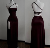 Mermaid One Shoulder Floor Length Burgundy Backless Evening Dress Prom Dresses SD1596