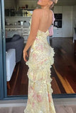 Mermaid Spaghetti Straps Floor Length Floral Yellow Chiffon Evening Dress Prom Dresses SD1659