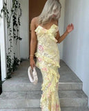 Mermaid Spaghetti Straps Floor Length Floral Yellow Chiffon Evening Dress Prom Dresses SD1659
