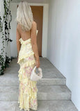 Mermaid Spaghetti Straps Floor Length Floral Yellow Chiffon Evening Dress Prom Dresses SD1659