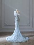 Mermaid Strapless Neckline Long Sequin Light Sky Blue Long Wedding Dresses Brides Dress SD1662