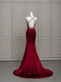 Mermaid Spaghetti Straps Floor Length Burgundy Satin Backless Prom Dresses SD1667